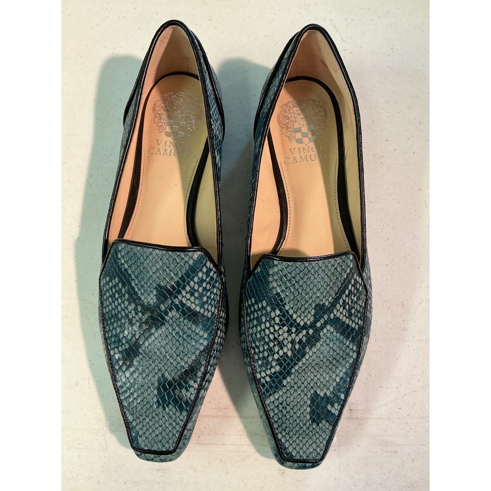 Vince Camuto Teal Snakeskin Embossed Leather Square Toe Loafers Flats Womens